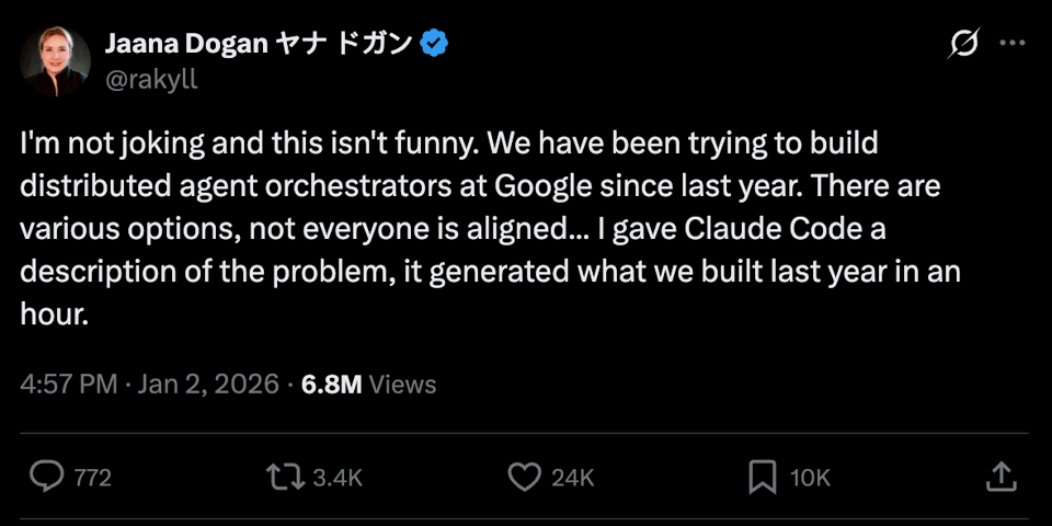 Jaana Dogan tweets "I'm not joking and this isn't funny. We have been trying to build distributed agent orchestrators at Google since last year. There are various options, not everyone is aligned... I gave Claude Code a description of the problem, it generated what we built last year in an hour."