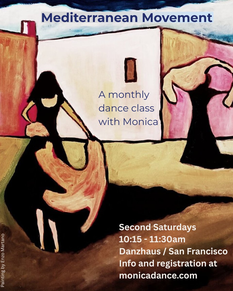 An abstract painting of two dancers in black dresses with red fabric. Text reads Mediterranean MovementL A monthly dance class with Monica