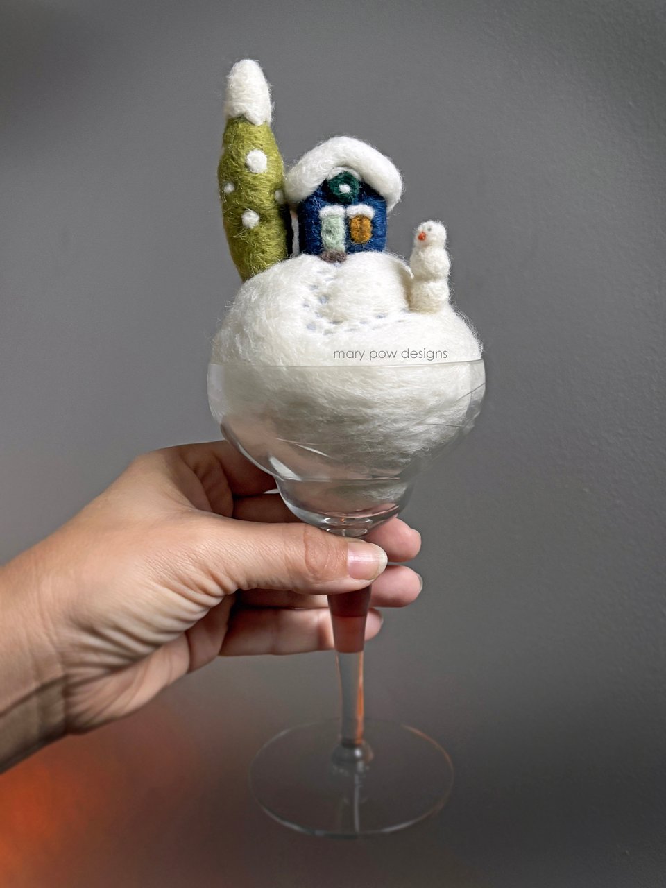 needle-felted, adorable winter scene in a goblet
