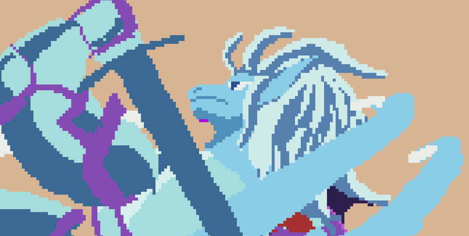 Screenshot of Mastafran's in progress pixel animation of an anthropomorphic female dragon with light blue scales, white hair, and white armor with purple trim. She also carries a sword in her hand as she readies it to swing.