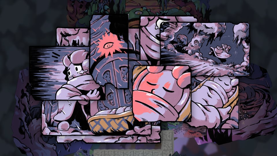 An example of a comic book panel-styled "cutscene" showing various curious images of a person doing something in the woods