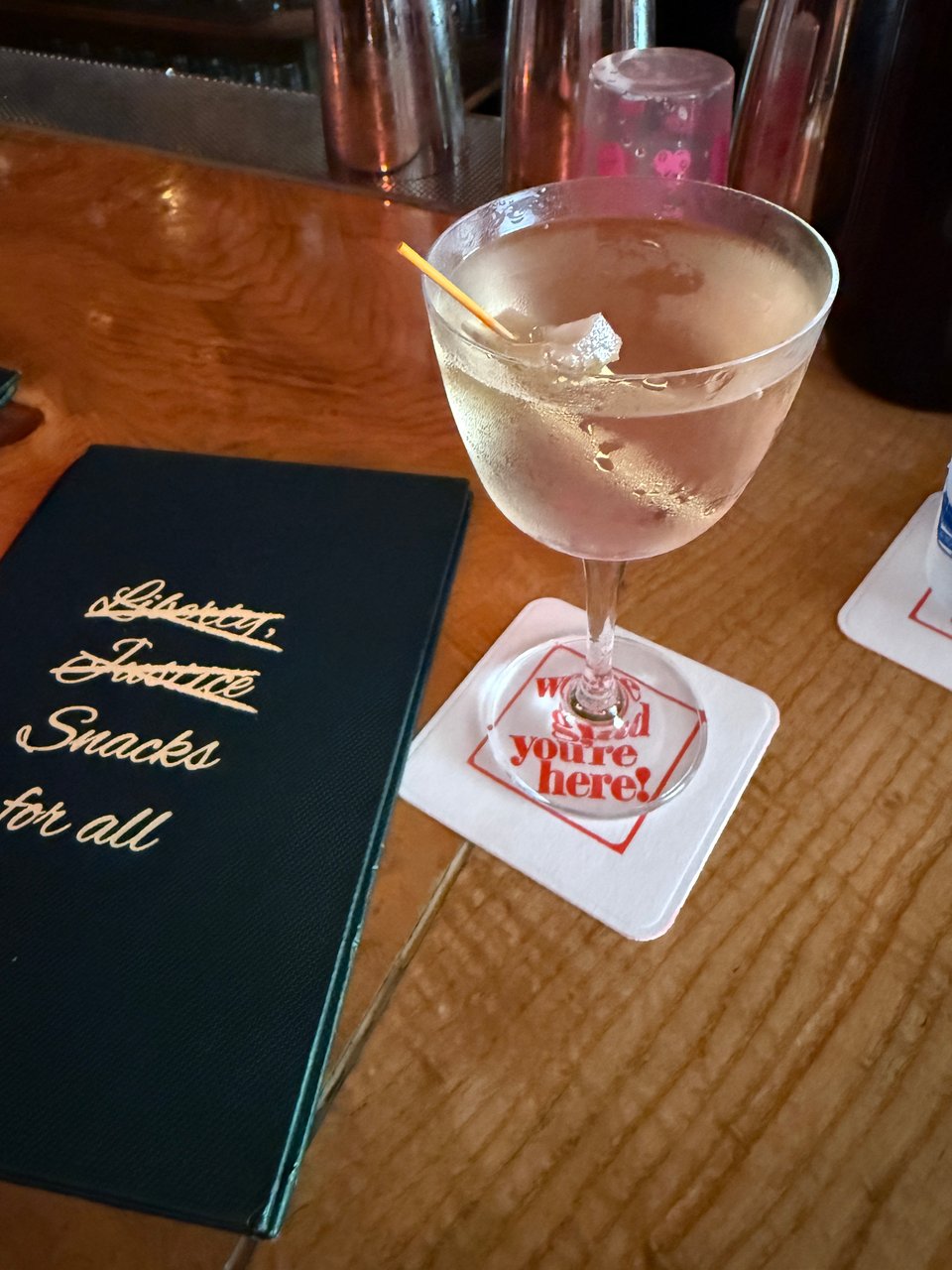Martini with pickled celery on the bar at Bar Snack, New York City