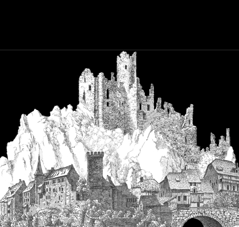 A collage of black and white art, showing a town with a bridge and a ruined castle on a hill above it.