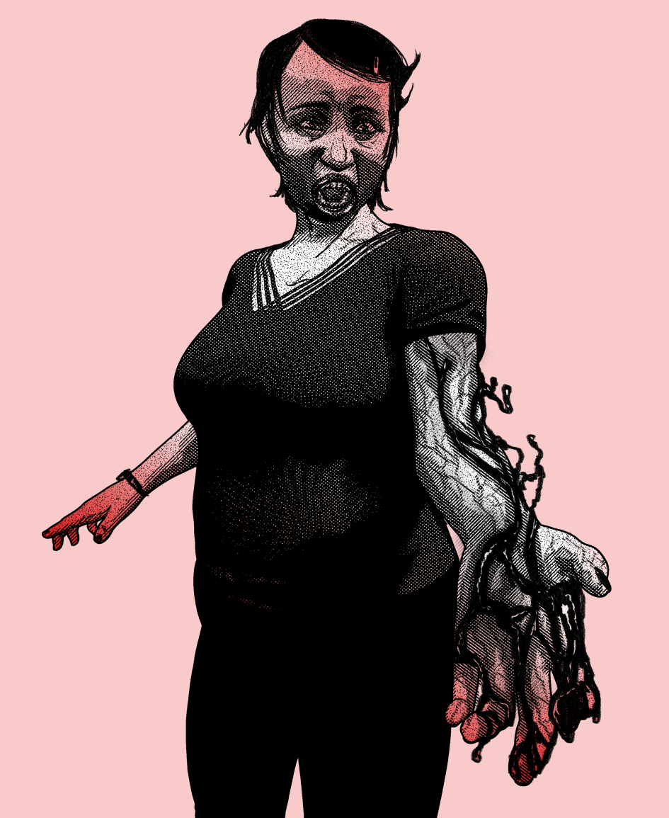 person with black infection crawling up arm