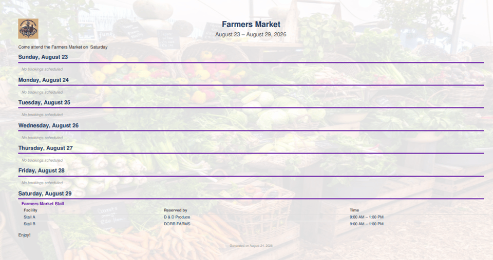 brochure showing the farmers market schedule