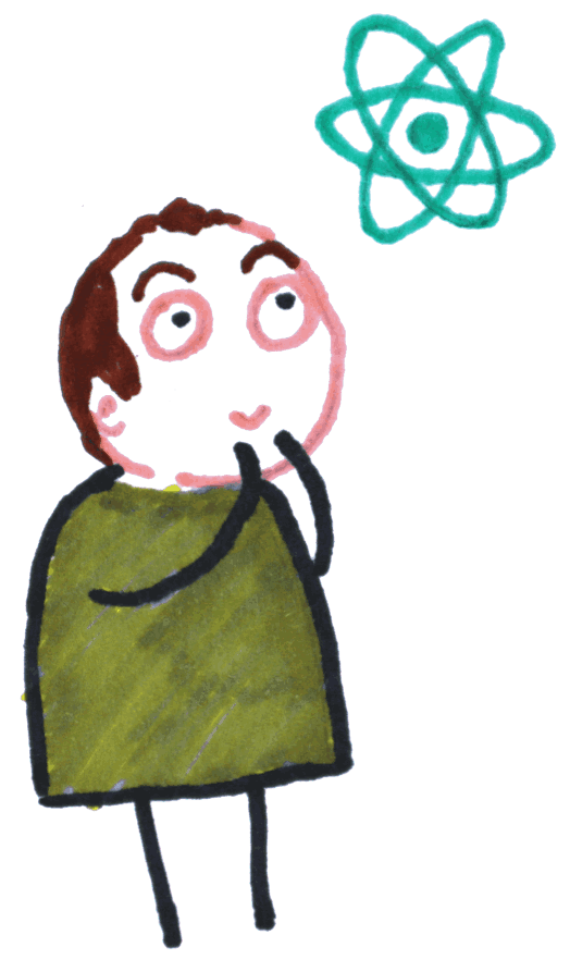 A delightful cartoon of Jamie looking up at a crudely-drawn React Native logo with an optimistic look on his face