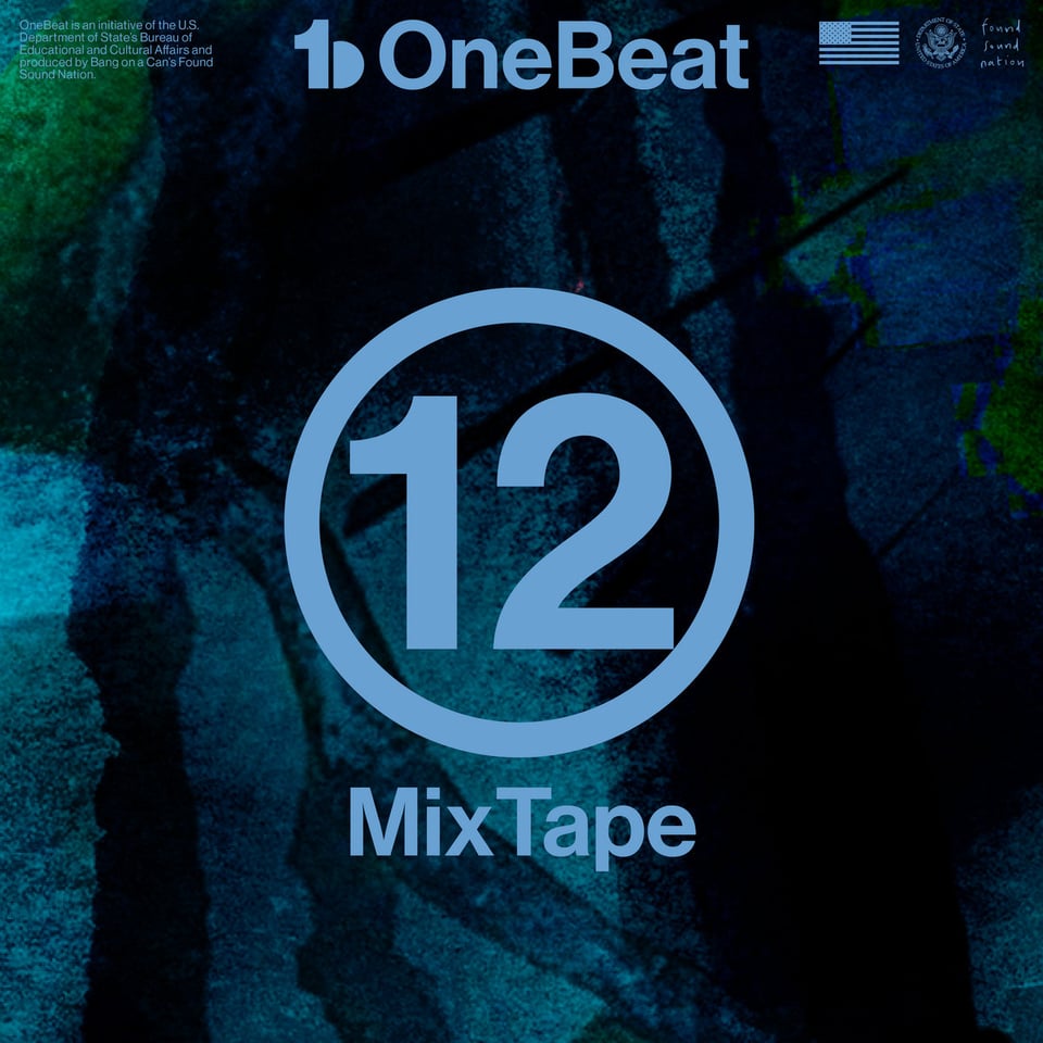 Album art for the onebeat 12 mix tape - light blue text on an abstracted navy blue background