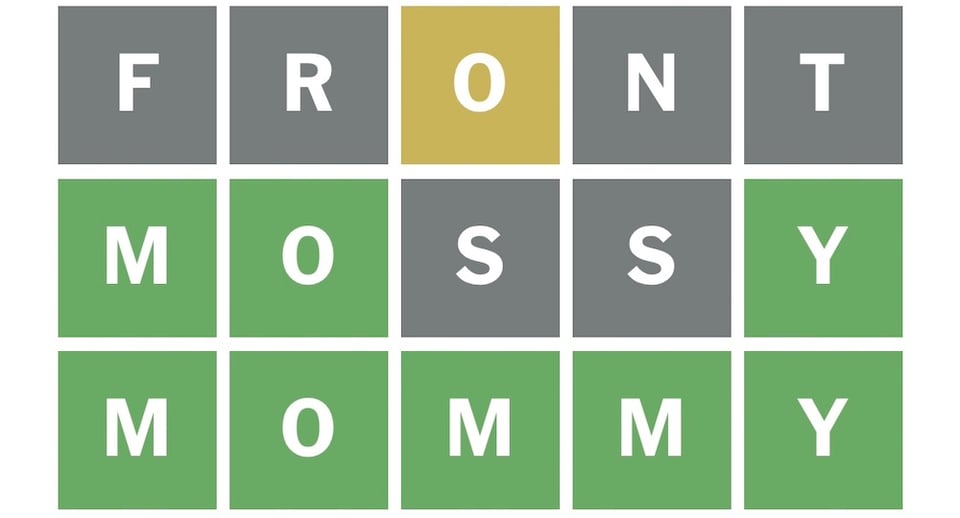 three lines from the word game Wordle (NYT): the first guess is FRONT, second is MOSSY, third is MOMMY