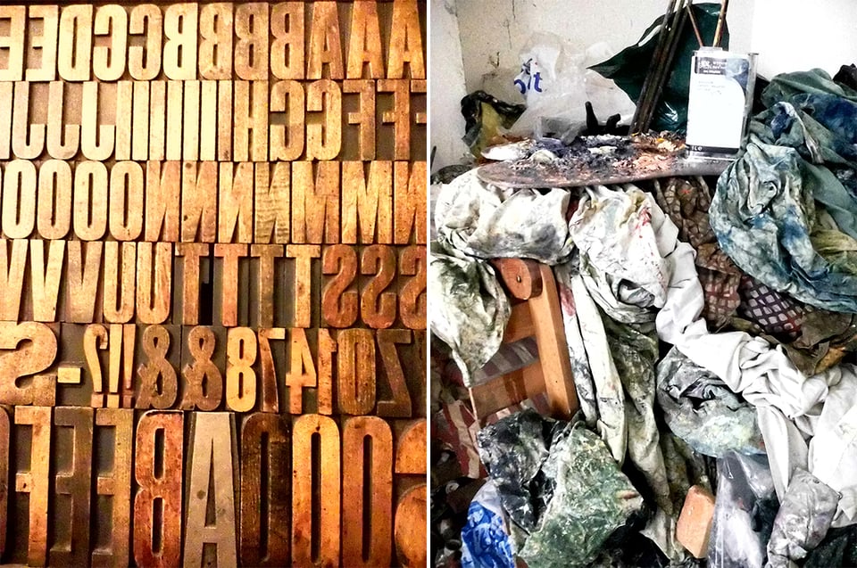 two images: left, woodblock typefaces; right, rags and oil paint easel and other painting gear