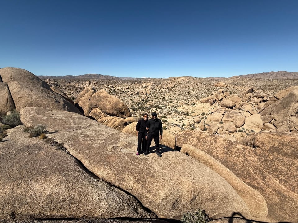 Photo of my dad and I on a rock in Joshua Tree National Park. We're a bit off in the distance, we're wearing all black, and we're standing side-by-side with my arm around his.