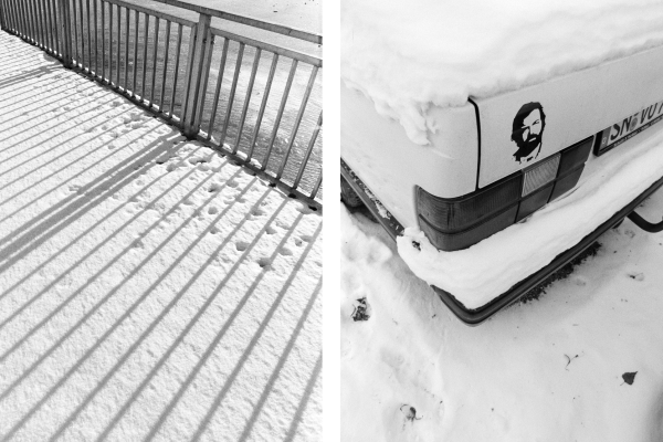 B&W film collage. Left: Railing shadows on snow. Right: Close-up of a snow-covered car with a Bud Spencer sticker.