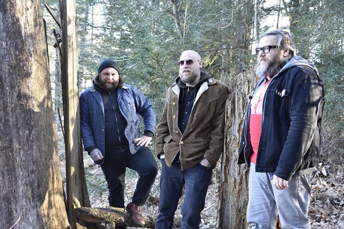 Three bearded guys in the woods, leaning against tree trunks