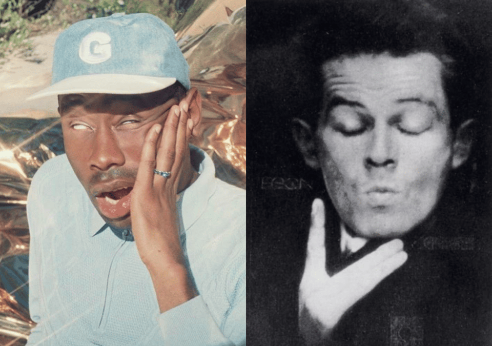 diptych of two portraits of Egon Schiele and Tyler the Creator, both having the same facial expression