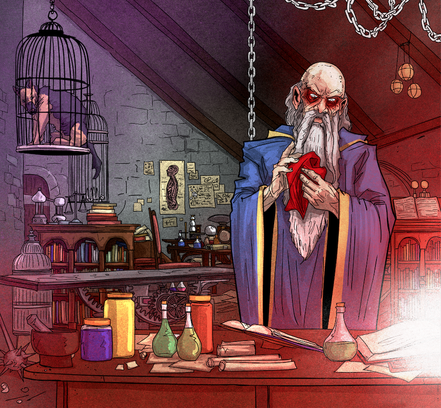 a panel featuring a wizard in his laboratory from 'project mantle'