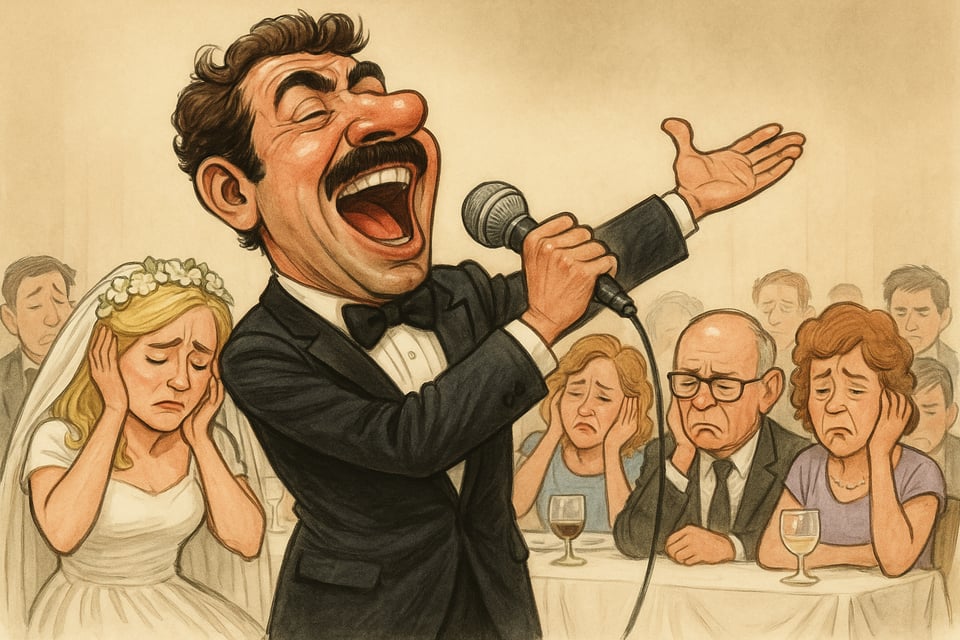 Wedding guest singing loud & proud in a microphone while guests wince