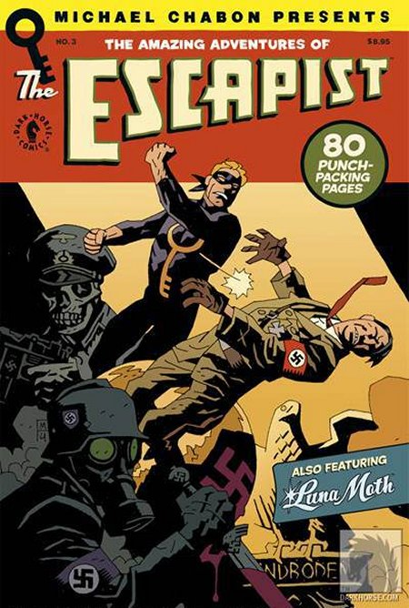 The Escapist, a hero wearing a midnight-blue bodysuit emblazoned with a golden key, punches the shit out of Adolf Hitler's face as a Nazi skeleton soldier and another wearing a gas mask and a bloodied sword look on.