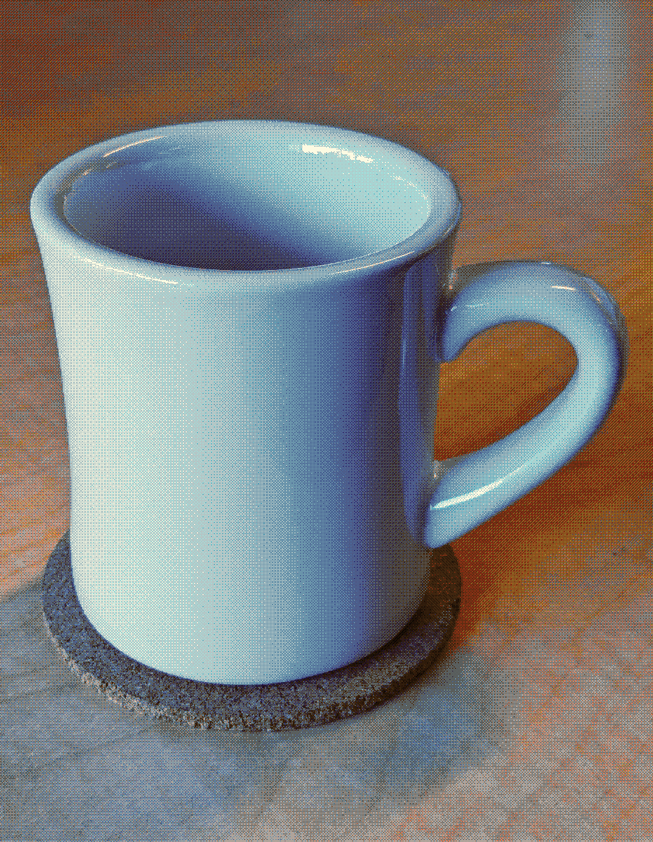 A white, diner-style mug on a cork coaster.