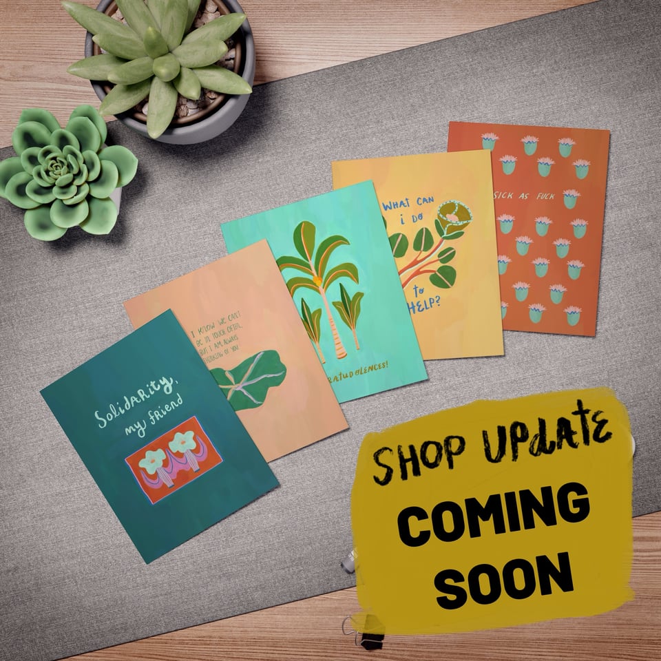 A 5 pack of color greeting cards from the Chronic Cards series on a desk with succulents and text "Shop Update Coming Soon"