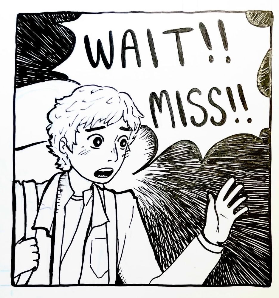 Nox, the other main character of Inoscularum, holding out his hand and shouting, "wait!! miss!"