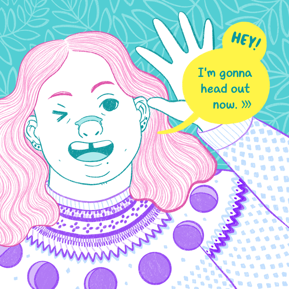 Colorful illustration of Jessi winking and waving at the audience. They're a fat, white person with wavy, shoulder-length hair, a lip piercing, and a gap tooth. They wear a moon phase knit sweater, and they say, "Hey! I'm gonna head out now." There are arrows indicating there's more info on the next slide.