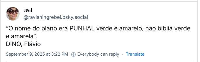 Post de Fer ‪@ravishingrebel.bsky.social‬) com o texto: “O nome do plano era PUNHAL verde e amarelo, não bíblia verde e amarela”. DINO, Flávio