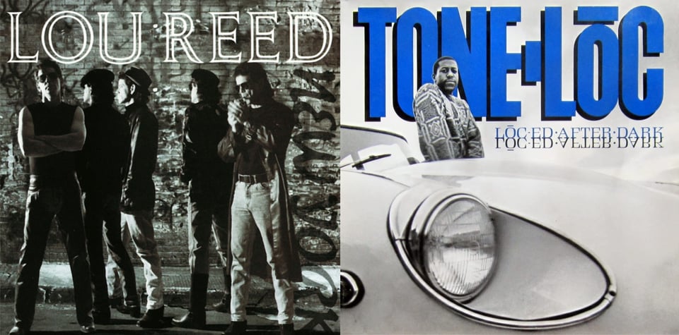 First pic: A black and white photo of five Lou Reeds, standing near a brick wall and sidewalk. They're all white guys with black hair who emanate New York cool. Starting from the left: one is in a black wifebeater and sunglasses and looks at the camera, his arms crossed defiantly. The next two are looking to the left; they wear hats and dark jackets. The fourth has his back to us; he wears a hat and sunglasses. The fifth is facing us but is focused on lighting the cigarette in his mouth. He wears sunglasses, a long black jacket, and blue jeans with a belt. Second pic: A black and white photo of Tone Lōc, a Black man in a patterned sweater. He's standing at the driver's side door of a car. He looks vaguely sad or perhaps bored. The shot is taken low from the opposite side of the car, so the car dominates the picture. The headlight of the car, very large in the picture, is recessed into the body of the car in a way I've never seen before. Wikipedia says it's a Jaguar e-type car, and the cover is based on jazz legend Donald Byrd's cover for A NEW PERSPECTIVE. I just looked at that cover, and yes, it is.