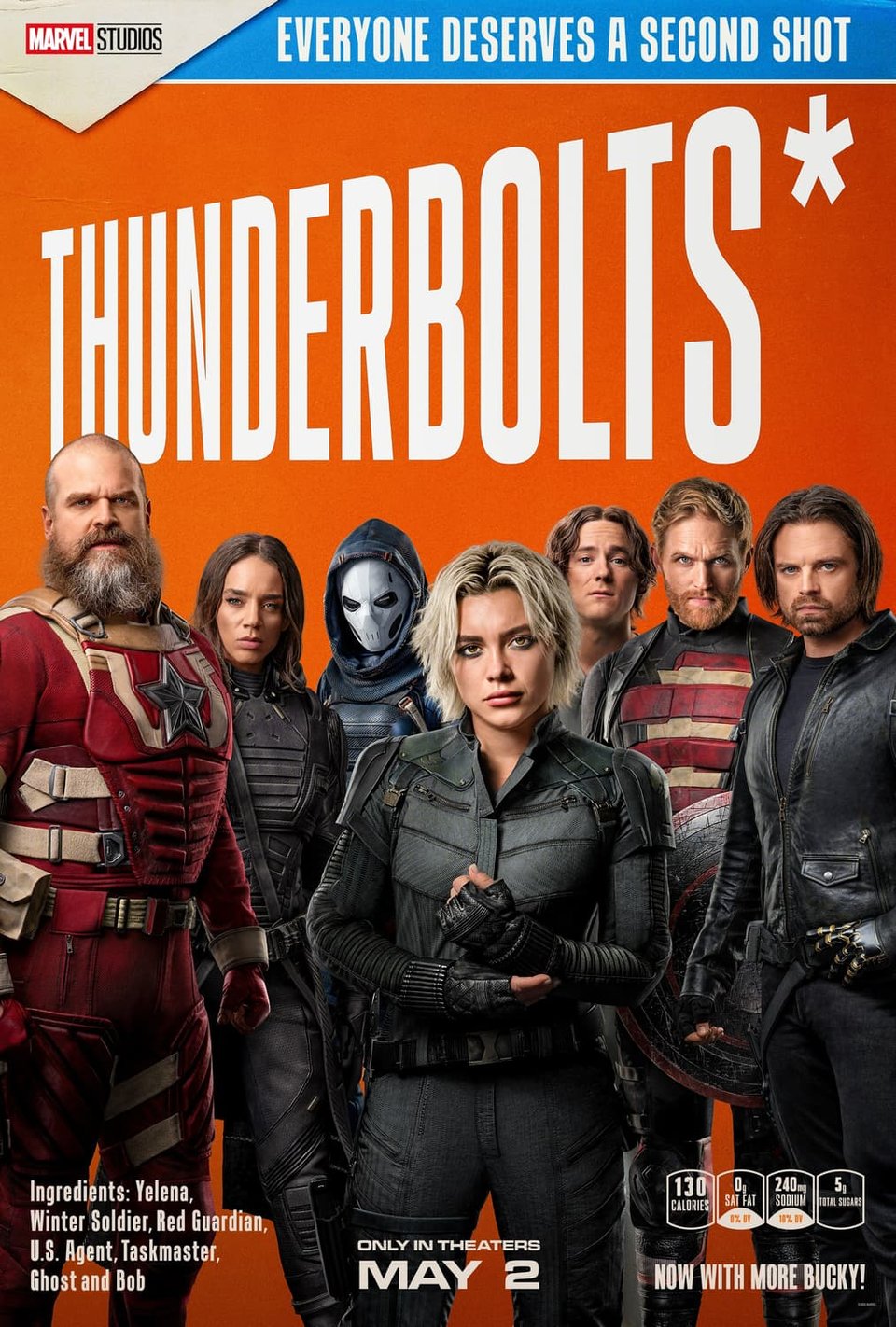 A movie poster for Thunderbolts* that depicts the team (Yelena, Winter Soldier, Red Guardian, U.S. Agent, Taskmaster, Ghost, and Bob) like a bunch of bad-asses on the front of a bright orange Wheaties box