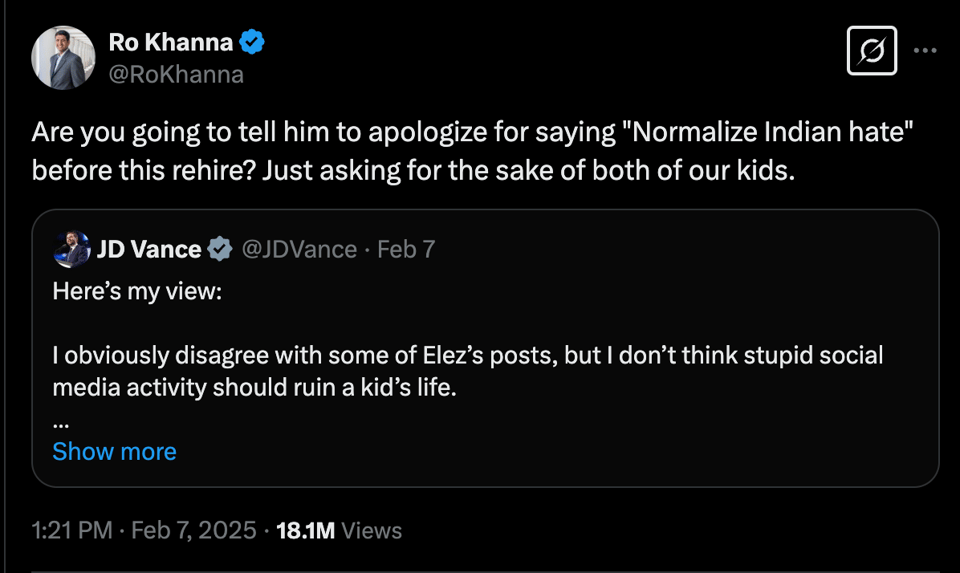 Ro Khanna asking if Vance will ask big ballz to apologize