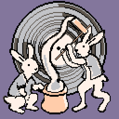 Two pixellated rabbits pounding mochi