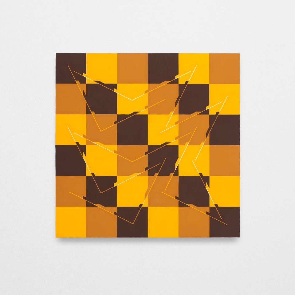 Square painting with checkerboard pattern of brown, tan and gold, zig-zag line overlaid as if lifted from surface