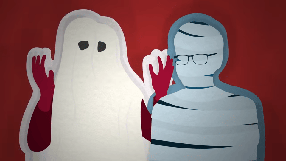 Outlines of figures dressed as ghosts and mummies.