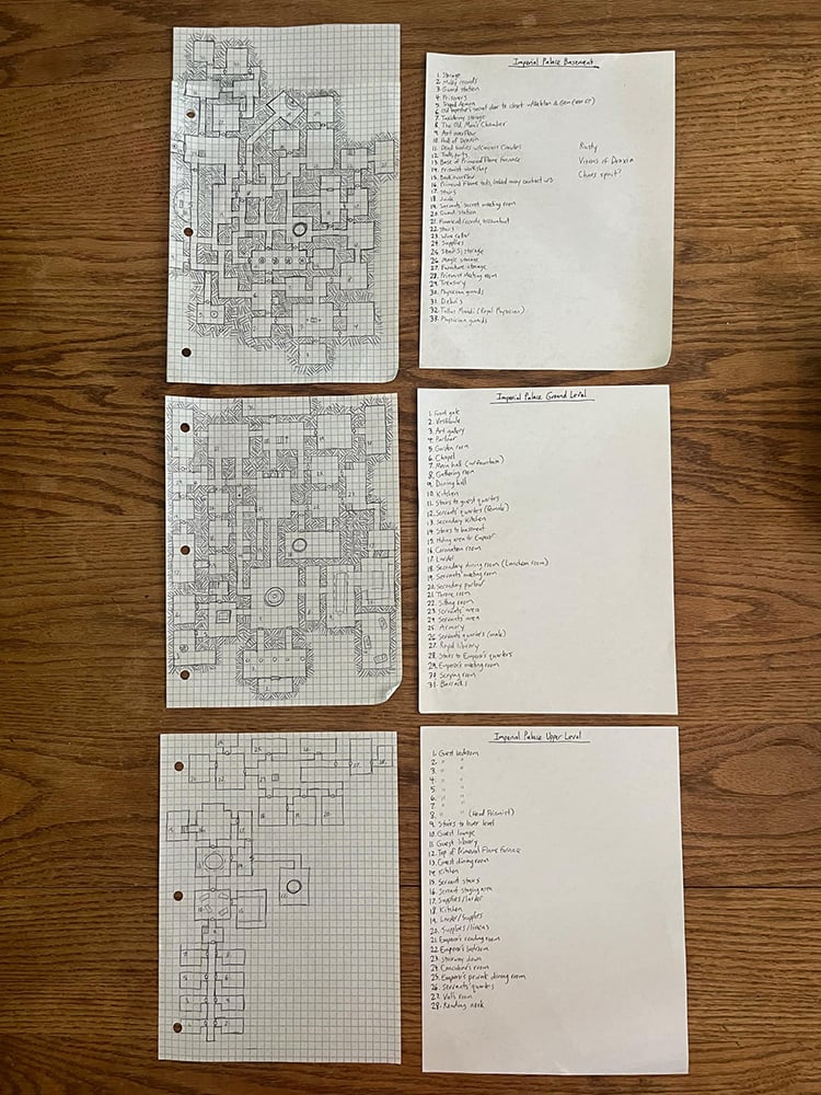 Three pages of maps drawn on graph paper, accompanied by three pages of keyed notes.