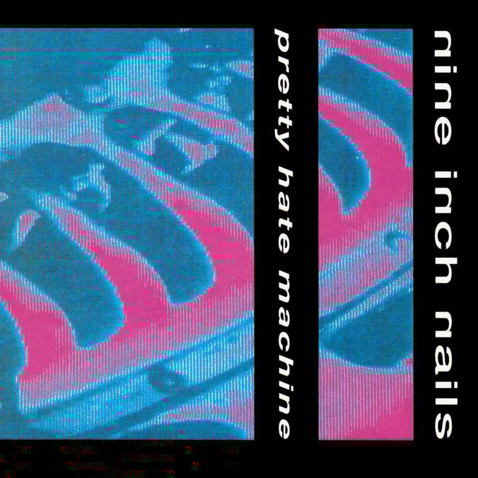 A digitized photgraph of some kind of machinery. It kinda looks like "Predator Vision" but the colors are blue and pink. It could be the wheelwell of a motorcycle? Maybe an engine? A close up of an indoor fan? No idea.