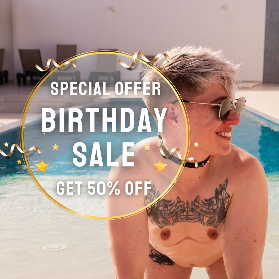 A photo of Jaq by a pool, smiling. The overlain text says "Special Offer - Birthday Sale - Get 50% Off"