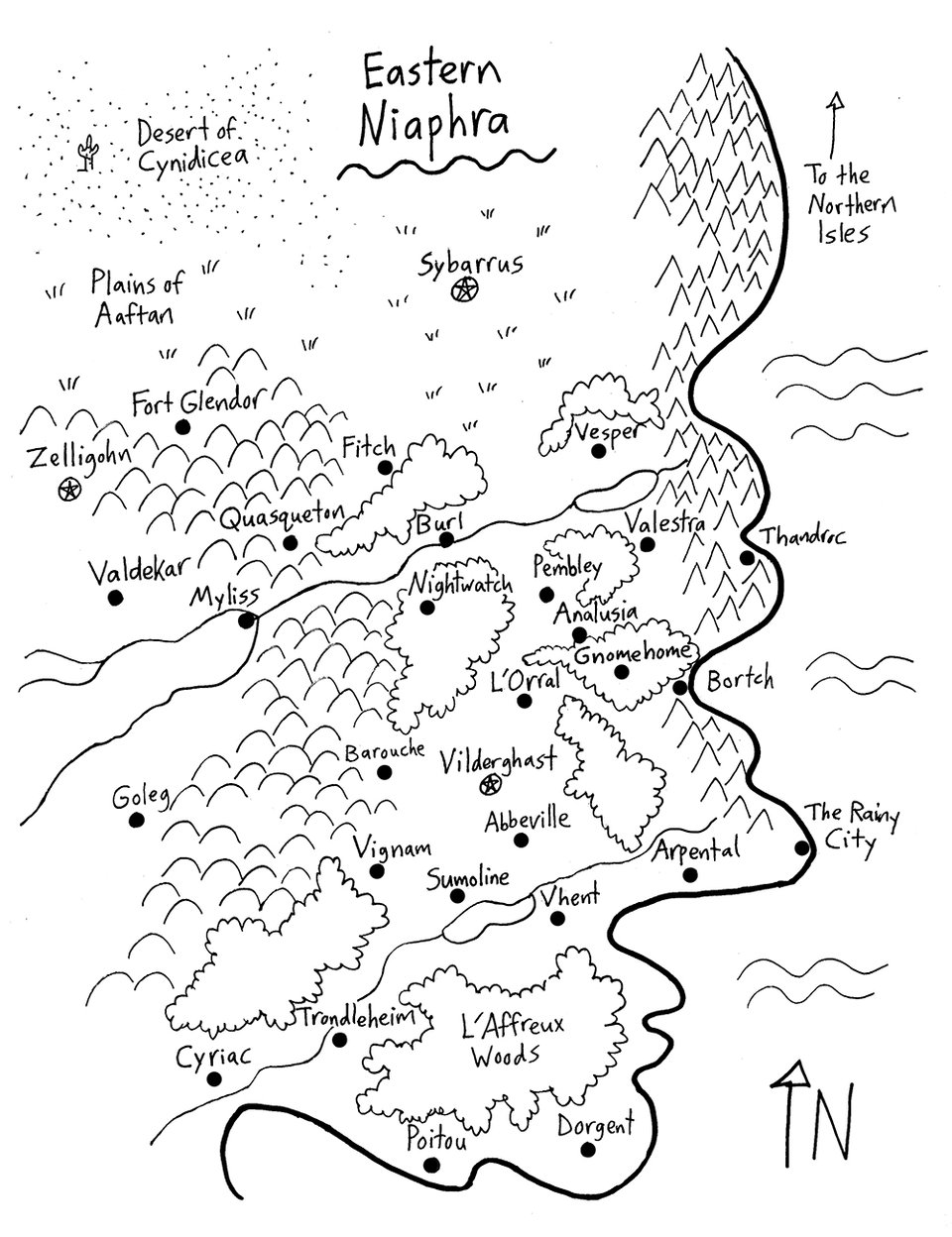 A hand-drawn map of part of a fictional continent, with various towns, cities, mountains, forests, and rivers labeled.
