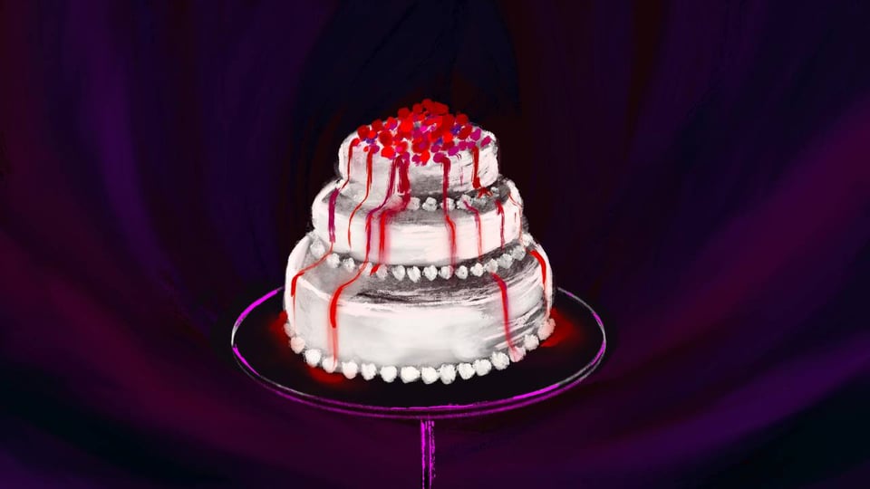 Image of a three-tiered white cake with red berries.