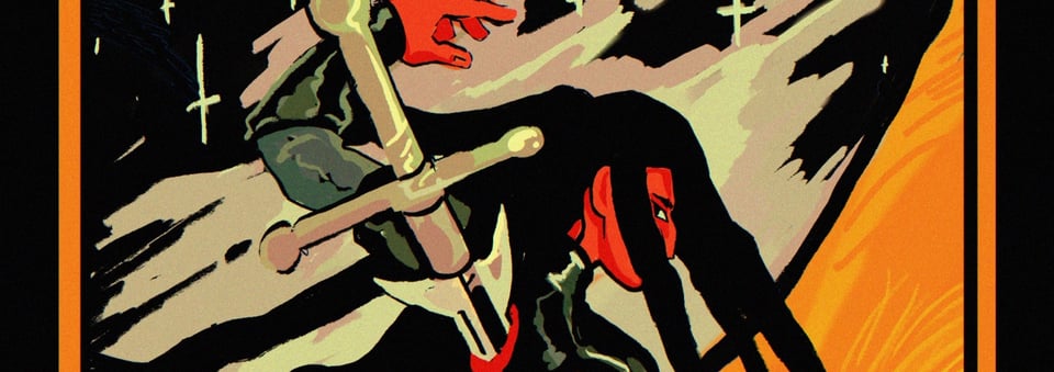 A digital drawing of a knight glaring backwards, a sword stabbed through her back