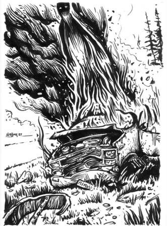 A car in flames, wrecked, an image of a figure dissipating into the smoke