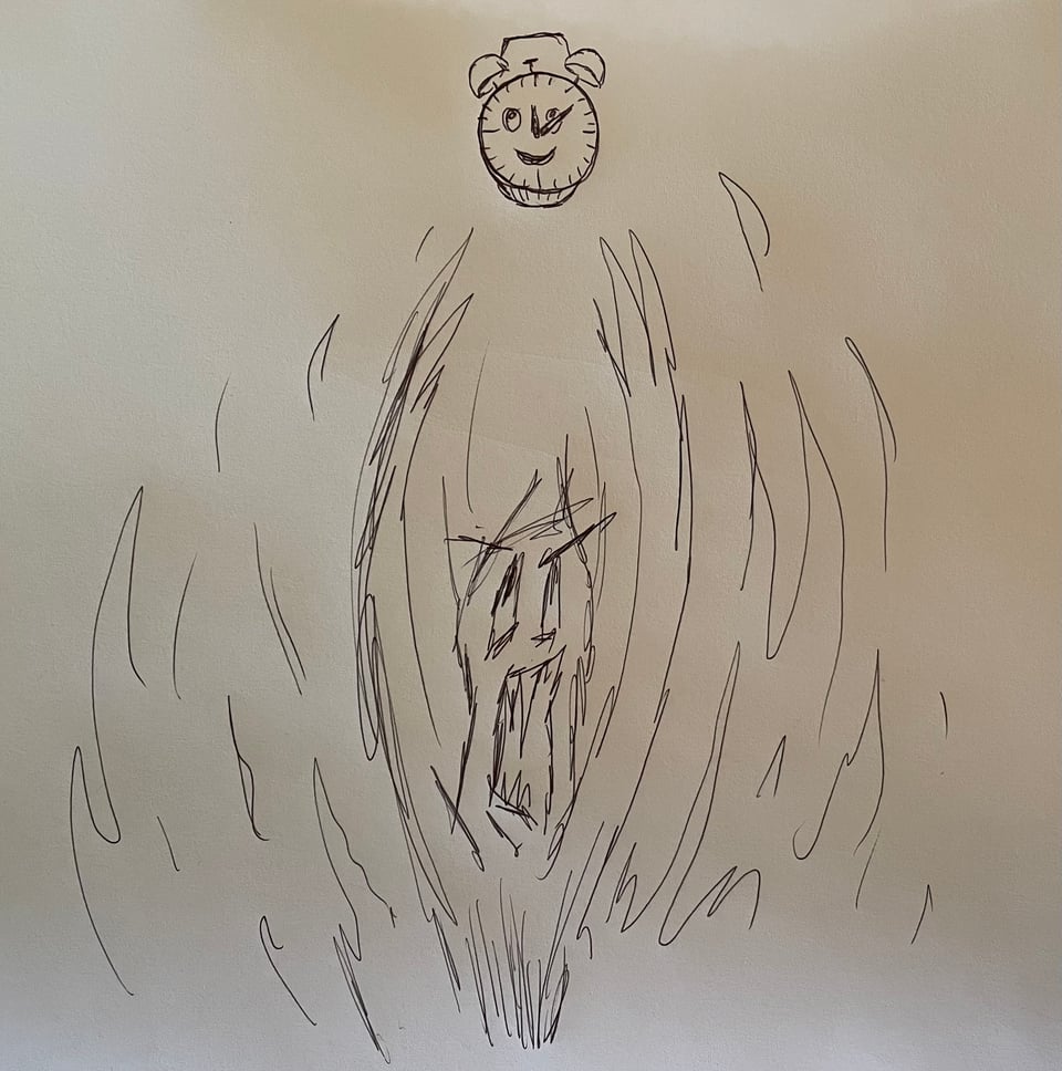 A rough sketch of a demonic being grasping at an old school alarm clock with a smiley face