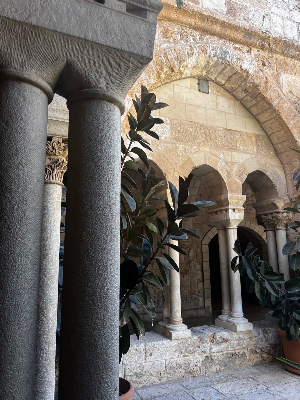 A stone courtyard with arches, columns, and greenery