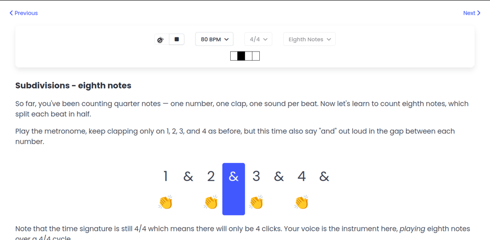 Screenshot showing the interactive metronome 101 tutorial