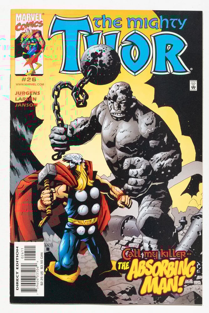 The cover of "The Mighty Thor" 26. It is drawn by Mike Mignola and shows Thor in battle with the Absorbing Man