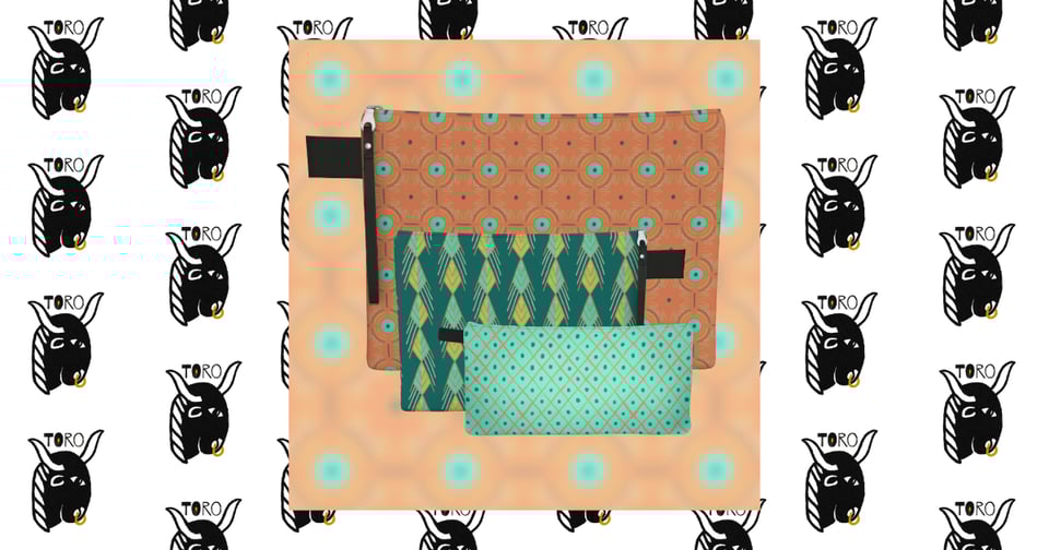 a small turquoise pencil case with a repeating salmon & green diamond design, medium sized green zipper pouch with a salmon, yellow, and turquoise diamond repeating design, and a large salmon colored zipper pouch with a turquoise multi-color circle geometric repeating design on a blurred image with the TORO bull logo repeating in the background.