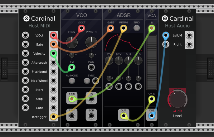a virtual modular system showing two rails with virtual modules placed inside of them from left to right: host midi, VCO, ADSR, VCA, and host audio and all of them connected with colorful virtual cables