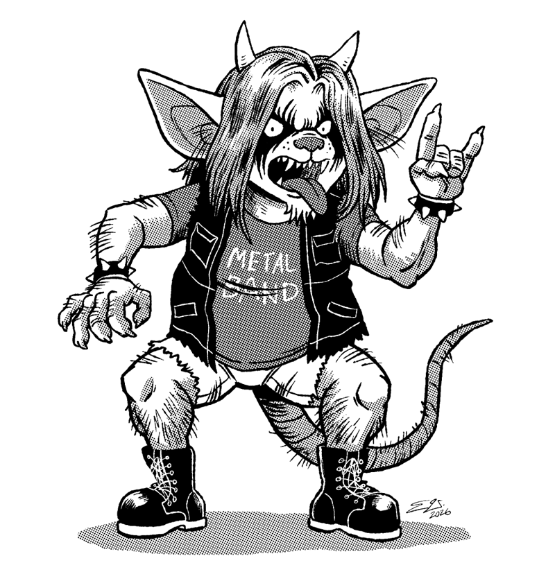 A hairy metalhead goblin dude with corpse paint, spiked wristbands, a battle vest, the whole bit.