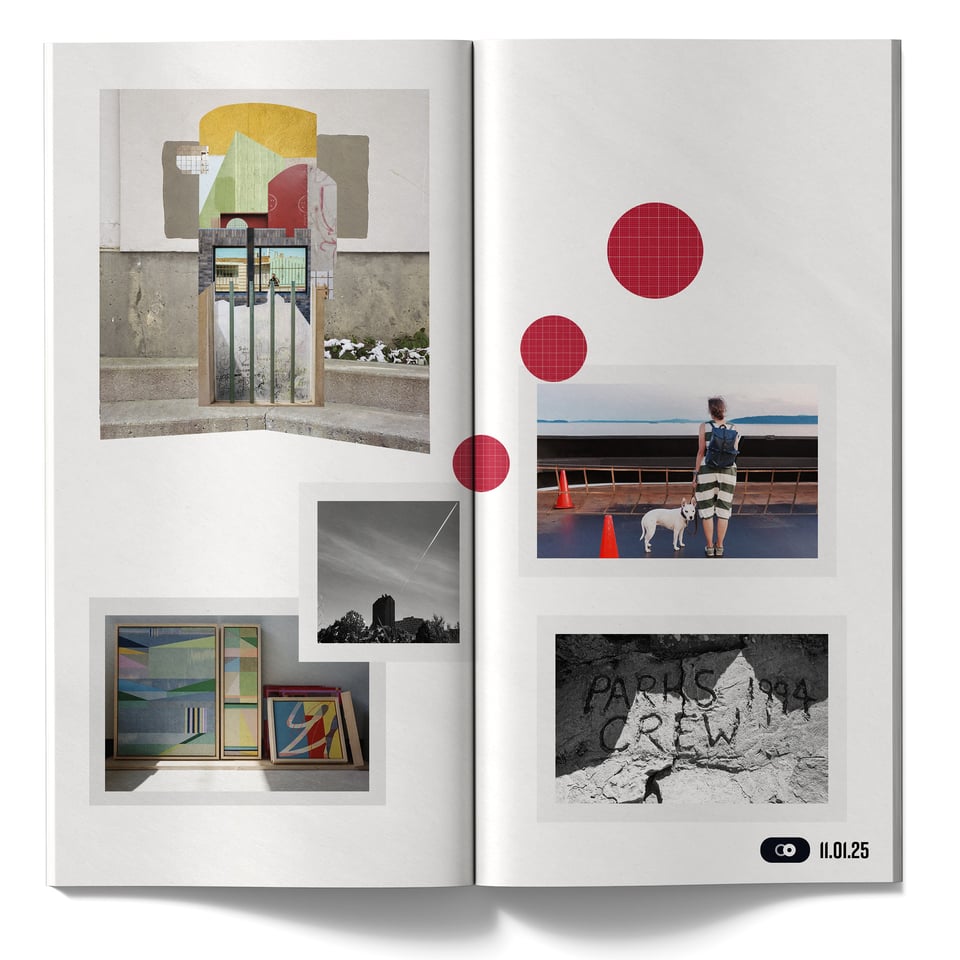 Open magazine spread showing collage layout with five photographs: abstract painting in gallery with metal gate sculpture, geometric abstract paintings leaning against wall, silhouette of tower against sky, person with white dog by ocean railing with orange traffic cones, and black and white image of a rock face 'PARKS CREW' text, accented by three red circular graphic elements, dated 11.01.25