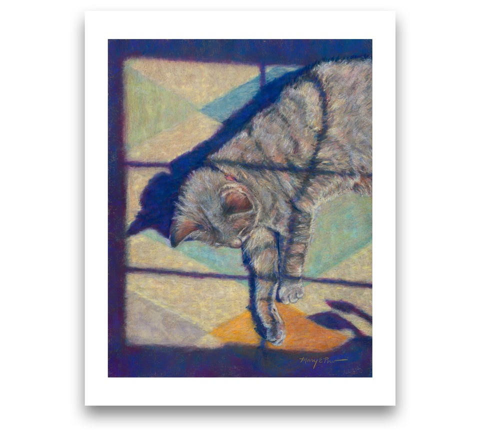 artwork of a cat sleeping in a sunbeam on the floor