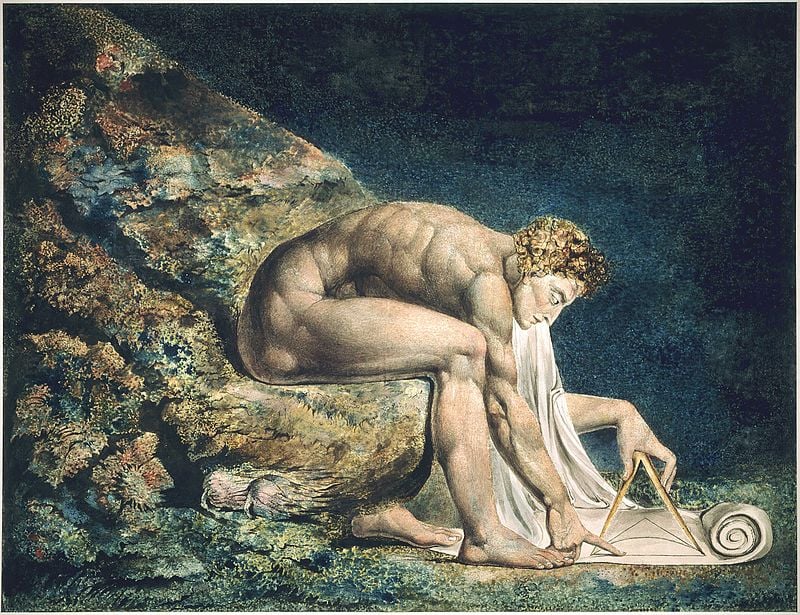 William Blake's print of Newton. It shows Newton as a naked muscular figure, focused on a schema he is devising with some draftsman's compasses. He is sat on a rock that is made of many colourful minerals that he chooses to ignore.