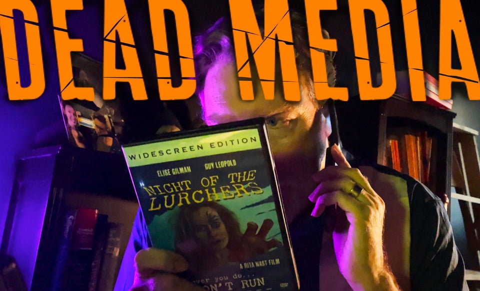 A promo image for the film DEAD MEDIA. A middle-aged man sits in the shadows staring at an old DVD
