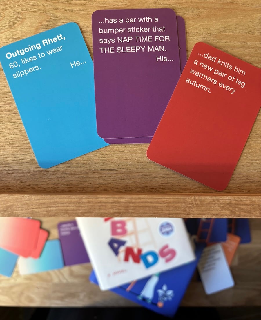 Set of cards in blue, purple and red reading "Outgoing Rhett, 60, likes to wear slippers. He..." "Has a car with a bumper sticker on it that says NAP TIME FOR THE SLEEPY MAN. His... " "dad knits him a new pair of leg warmers every autumn."